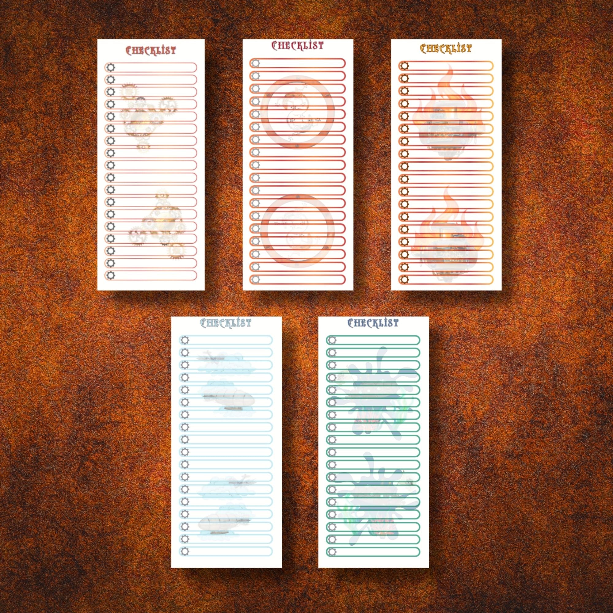 This image shows the 5 different designs in the Checklist Notepad - Steampunk.