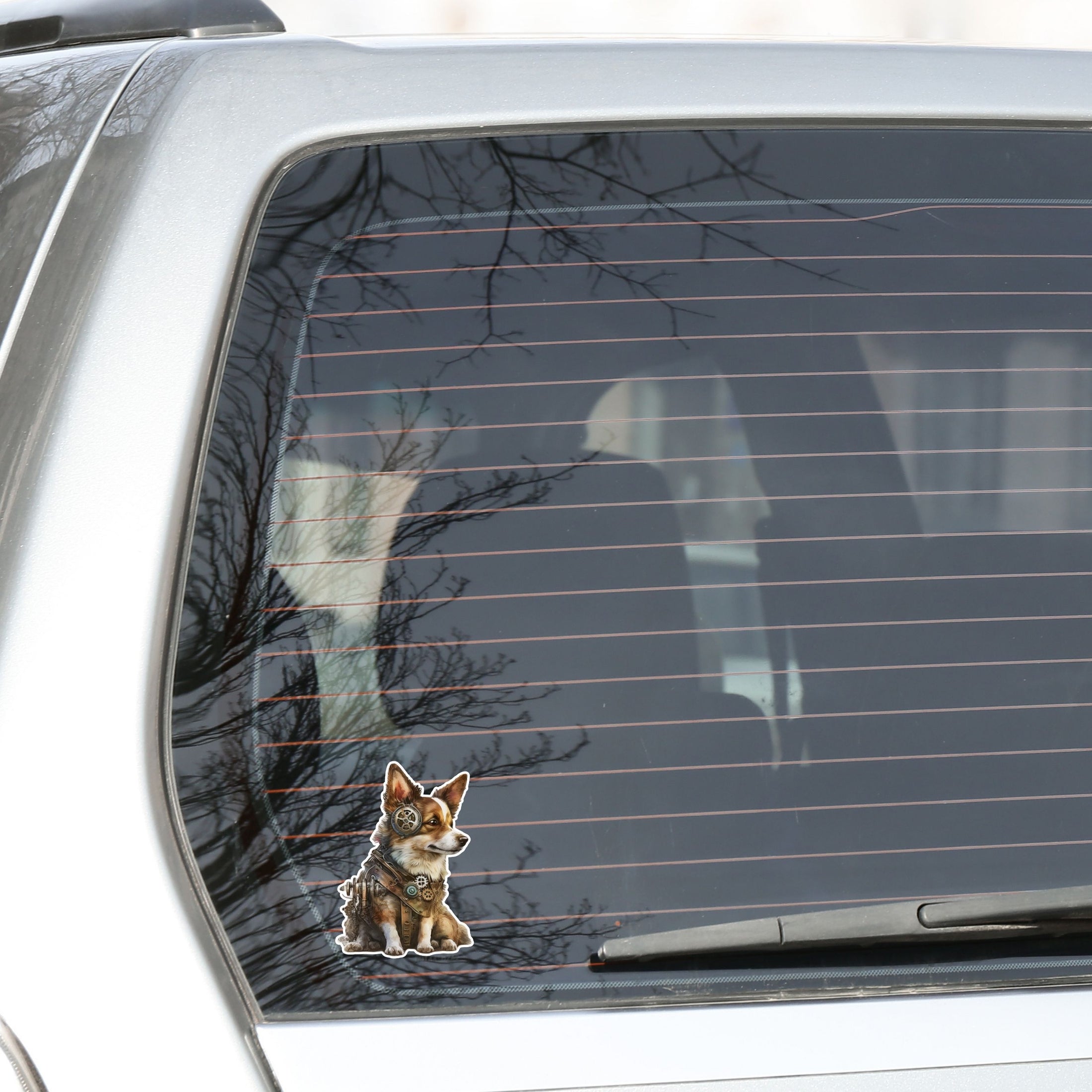 This image shows the steampunk puppy sticker on the back window of a car.