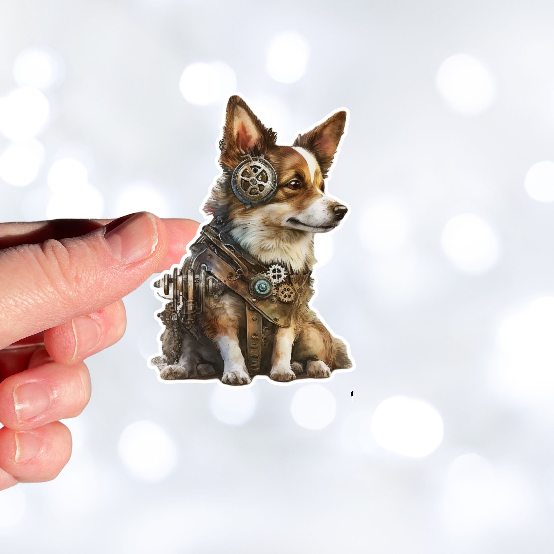 This image shows the steampunk puppy sticker being held on one finger.