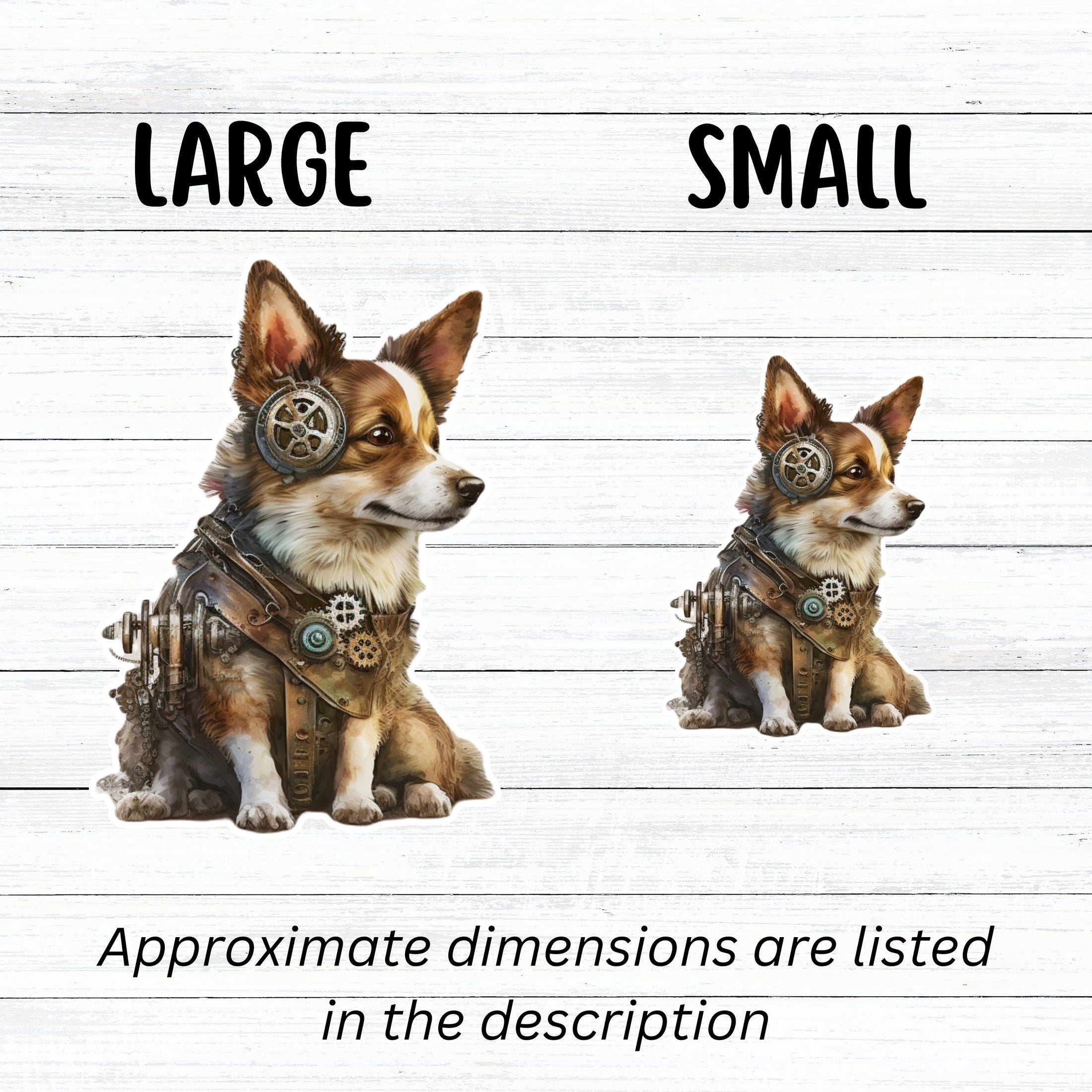 This image shows large and small steampunk puppy stickers next to each other for a size comparison.