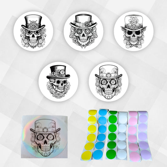 This image shows the five Steampunk Sugar Skull label designs with a subset of color options.