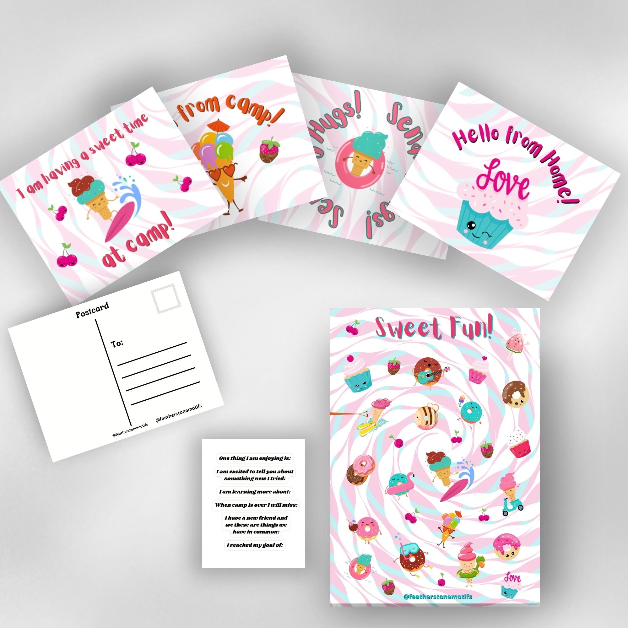 This image shows the full Sweet Fun! themed Camp Postcard Kit.