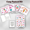 Load image into Gallery viewer, This image shows the Sweet Fun! themed Camp Postcard Kit with dimensions and descriptions for each item.
