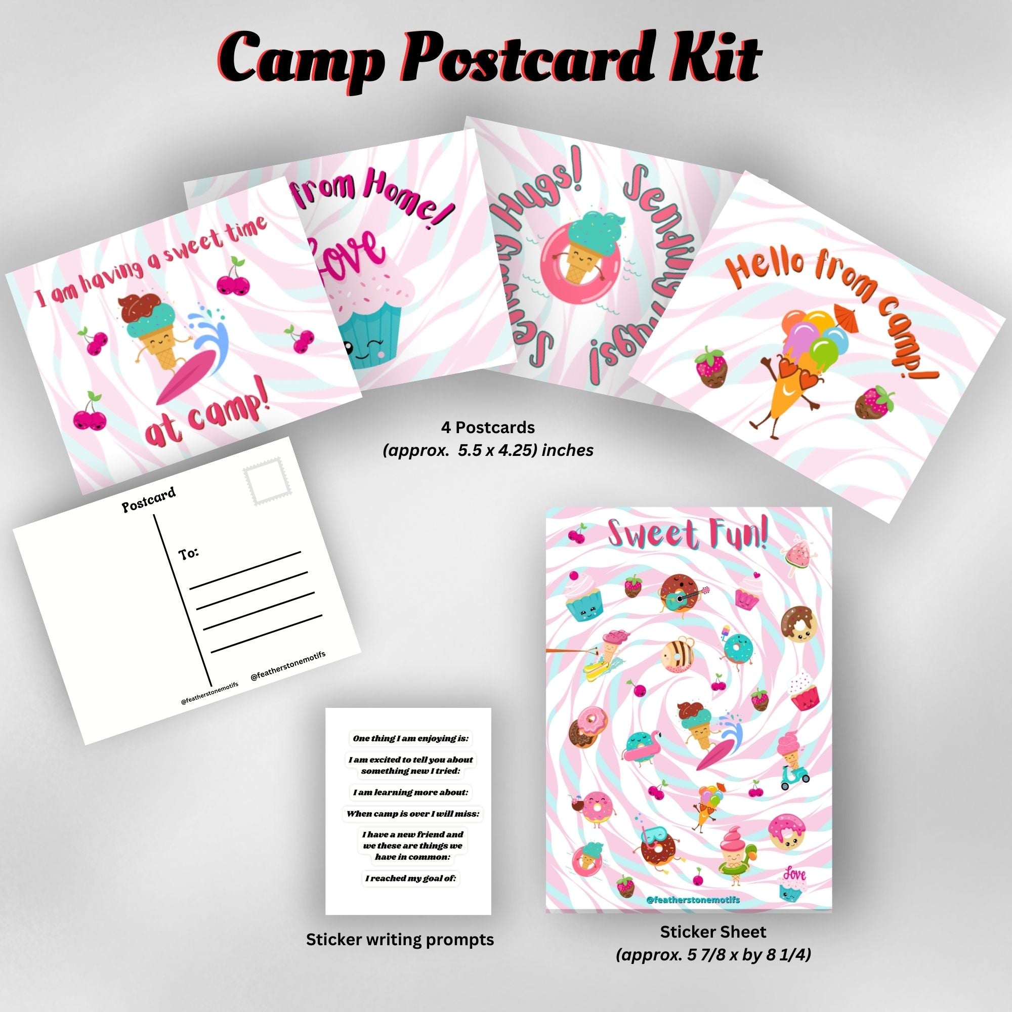 This image shows the Sweet Fun! themed Camp Postcard Kit with dimensions and descriptions for each item.