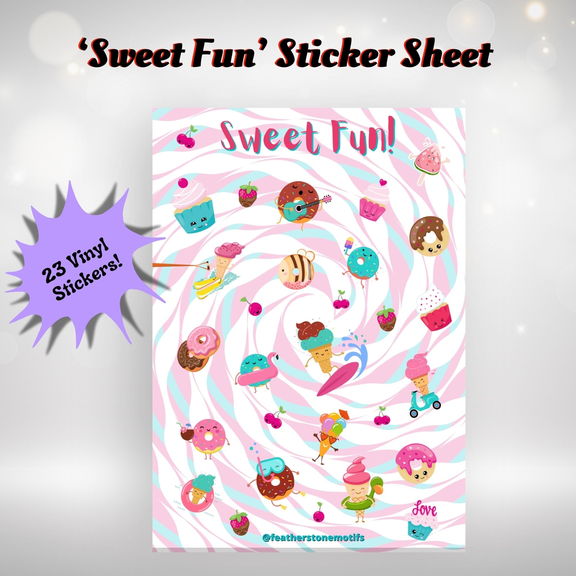 This image shows the Sweet Fun! sticker sheet with 23 vinyl stickers that is included in the Sweet Fun! themed Camp Postcard Kit.
