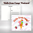 Load image into Gallery viewer, This image shows the Hello from Camp! postcard with a smiling ice cream cone wearing heart shaped glasses and chocolate dipped strawberries on either side.
