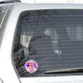 Load image into Gallery viewer, This image shows the teddy bear on purple sticker on the back window of a car.
