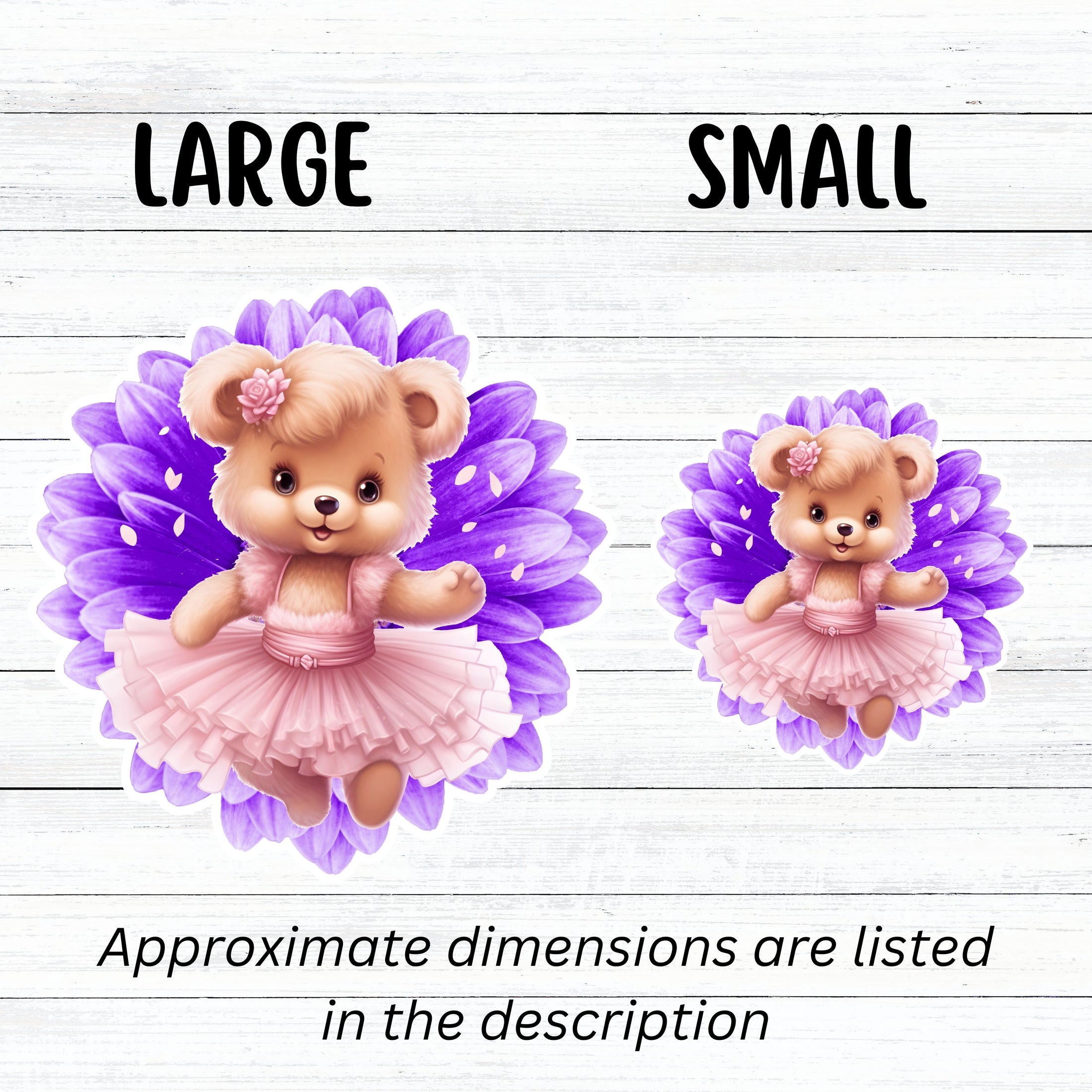 This image shows large and small teddy bear on purple stickers next to each other.