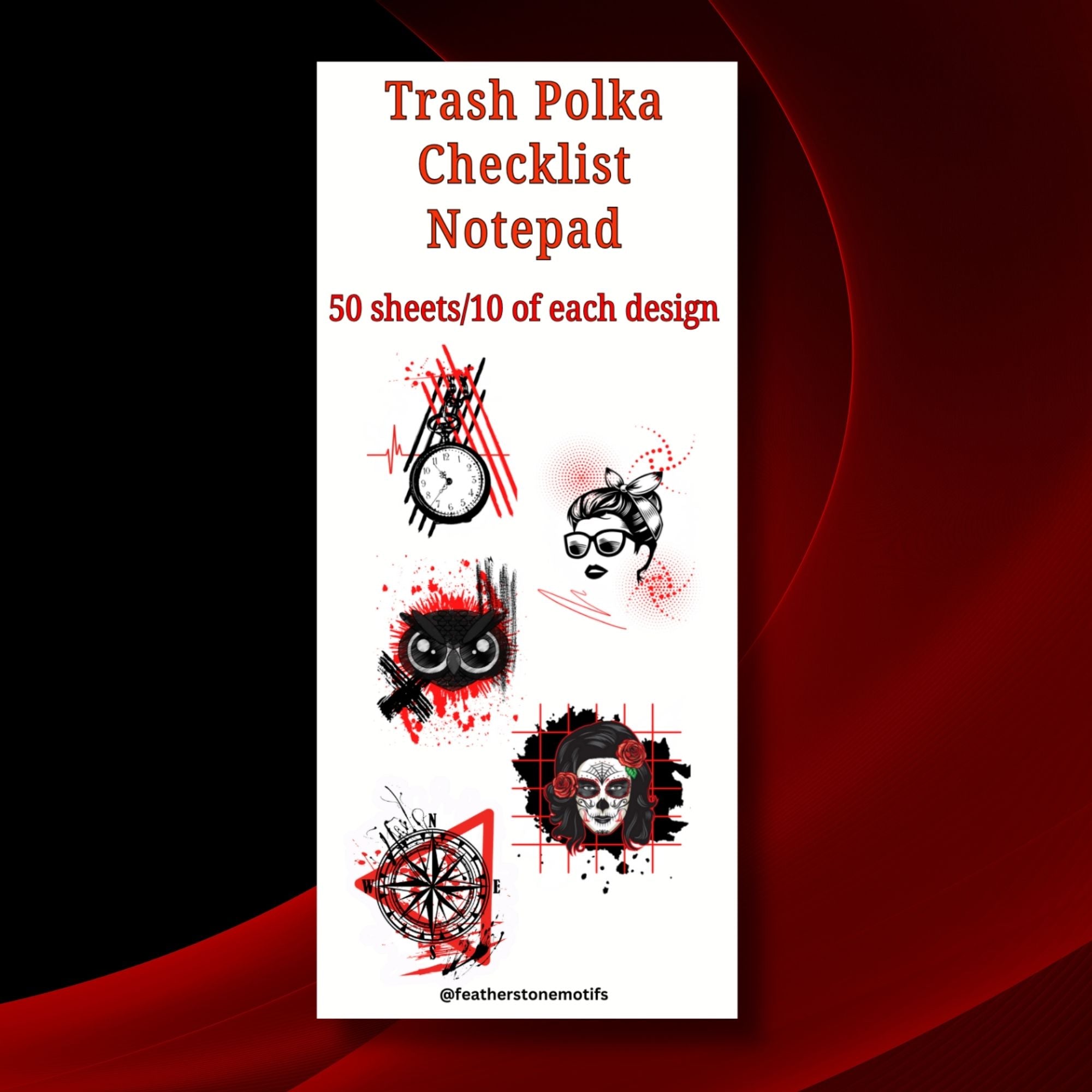 This image shows the Checklist Notepad - Trash Polka cover.