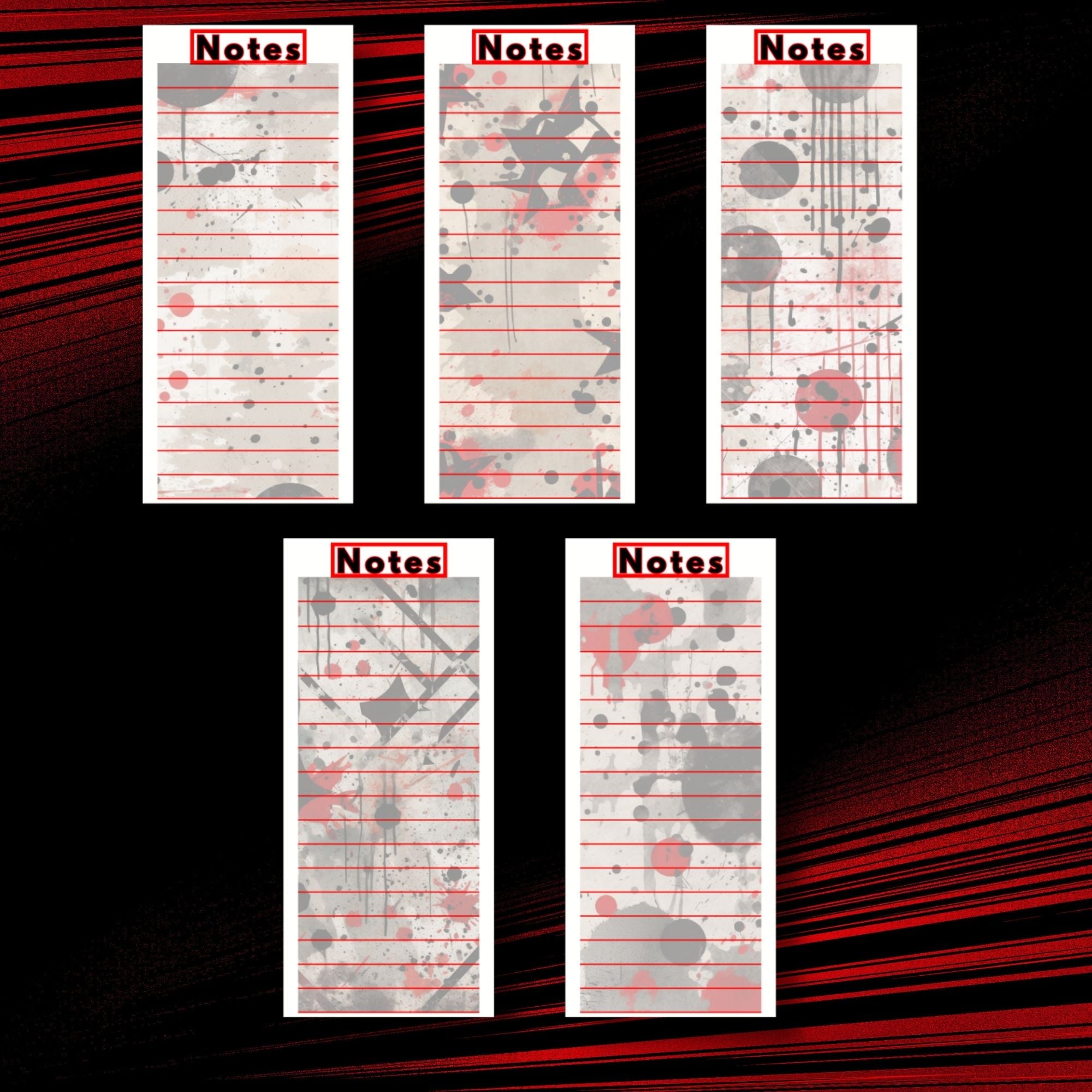 This image shows the 5 different designs in the Notes Notepad - Trash Polka.