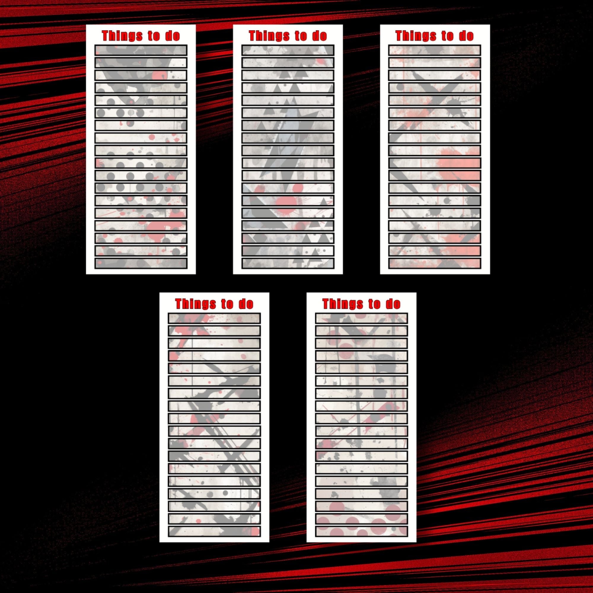 This image shows the 5 different designs in the Things to do Notepad - Trash Polka.