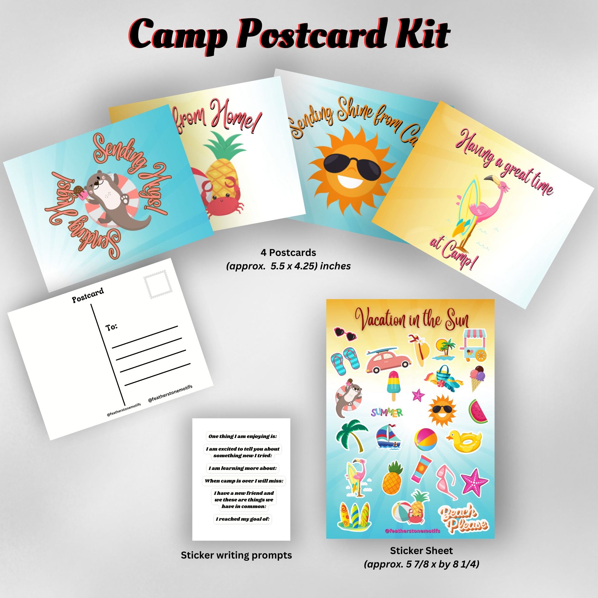 This image shows the Camp Postcard Kit - Vacation in the Sun with descriptions and dimensions for each item.