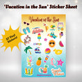 Load image into Gallery viewer, This image shows the Vacation in the Sun sticker sheet with 27 vinyl stickers included in the Camp Postcard Kit - Vacation in the Sun.
