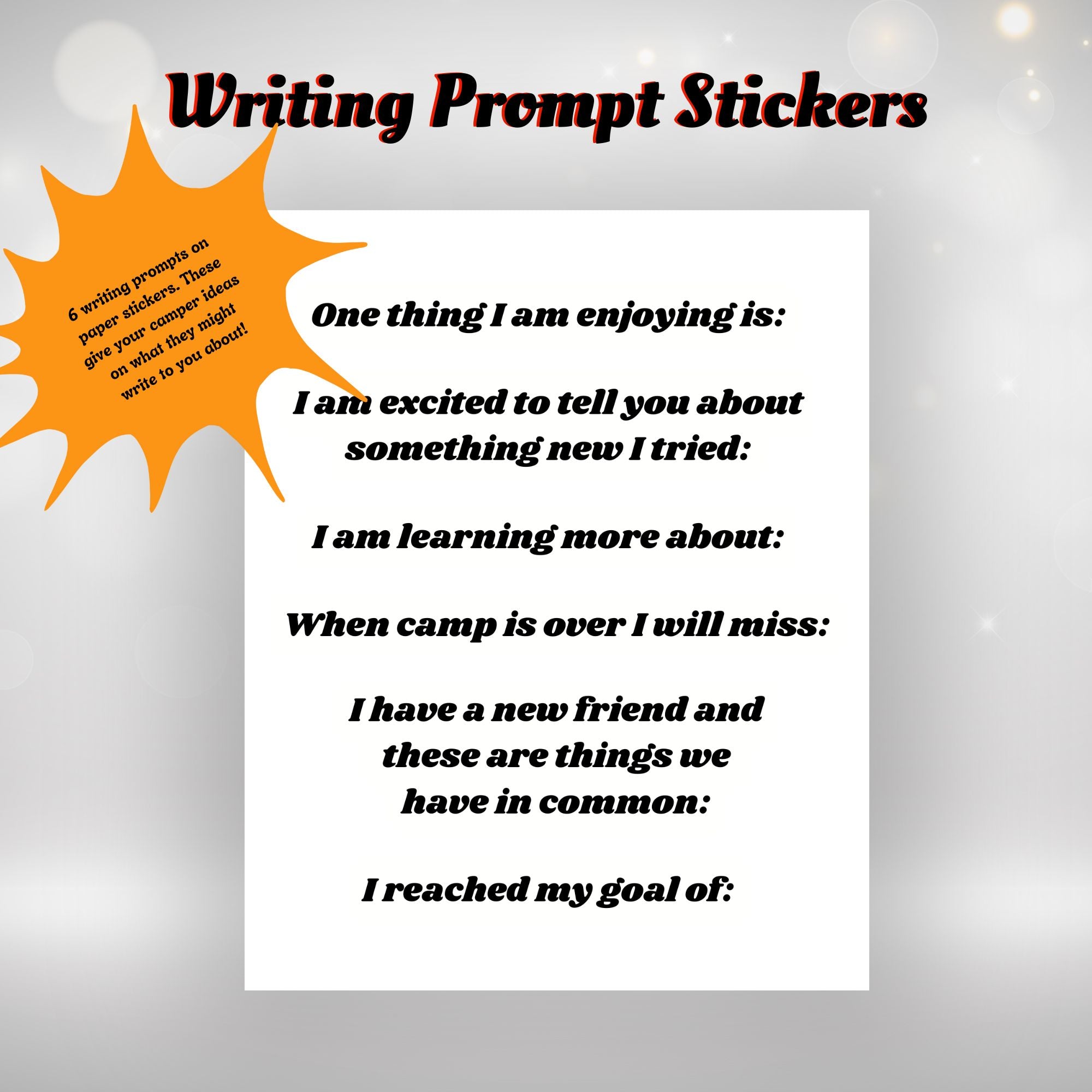 This image shows the writing prompt stickers with six different topics.