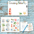 Load image into Gallery viewer, This image shows the magnetic whiteboard, personalized stickers, and notepad that are available as part of the Watercolor Cruise Magnet Accessories.
