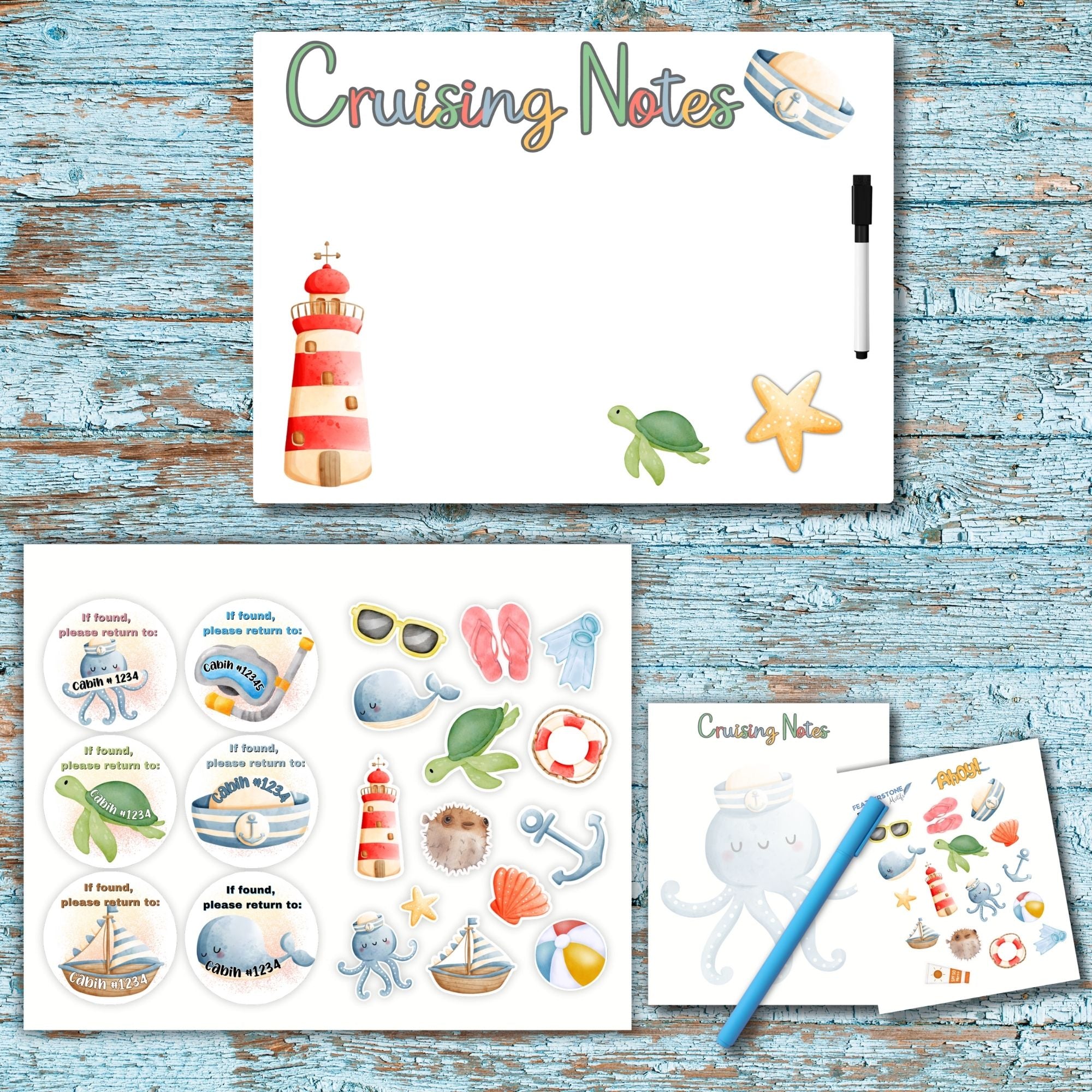 This image shows the magnetic whiteboard, personalized stickers, and notepad that are available as part of the Watercolor Cruise Magnet Accessories.