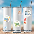 Load image into Gallery viewer, This image shows 3 insulated cups with examples of the water resistant stickers that are available as part of the Watercolor Cruise Magnet Accessories.
