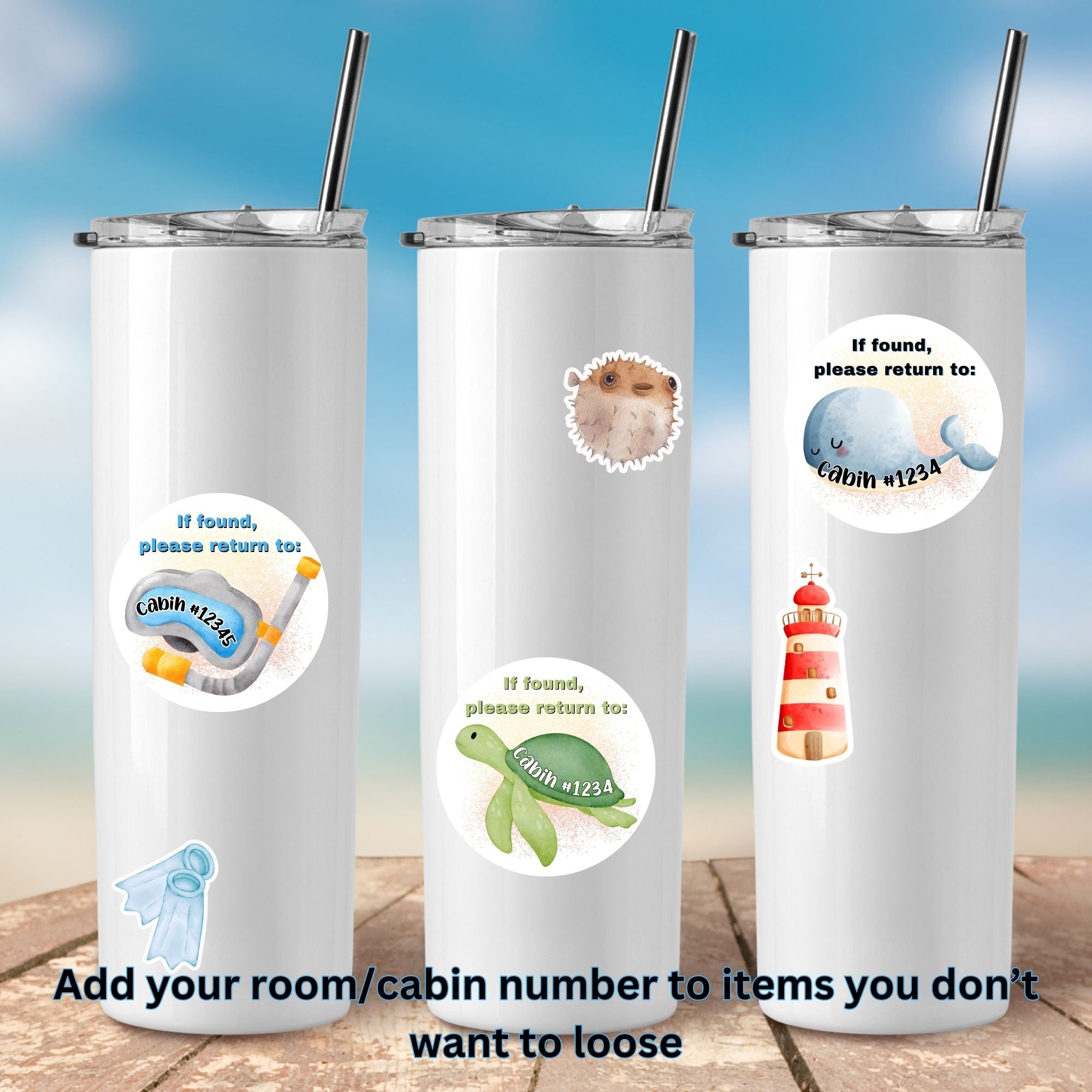 This image shows 3 insulated cups with examples of the water resistant stickers that are available as part of the Watercolor Cruise Magnet Accessories.