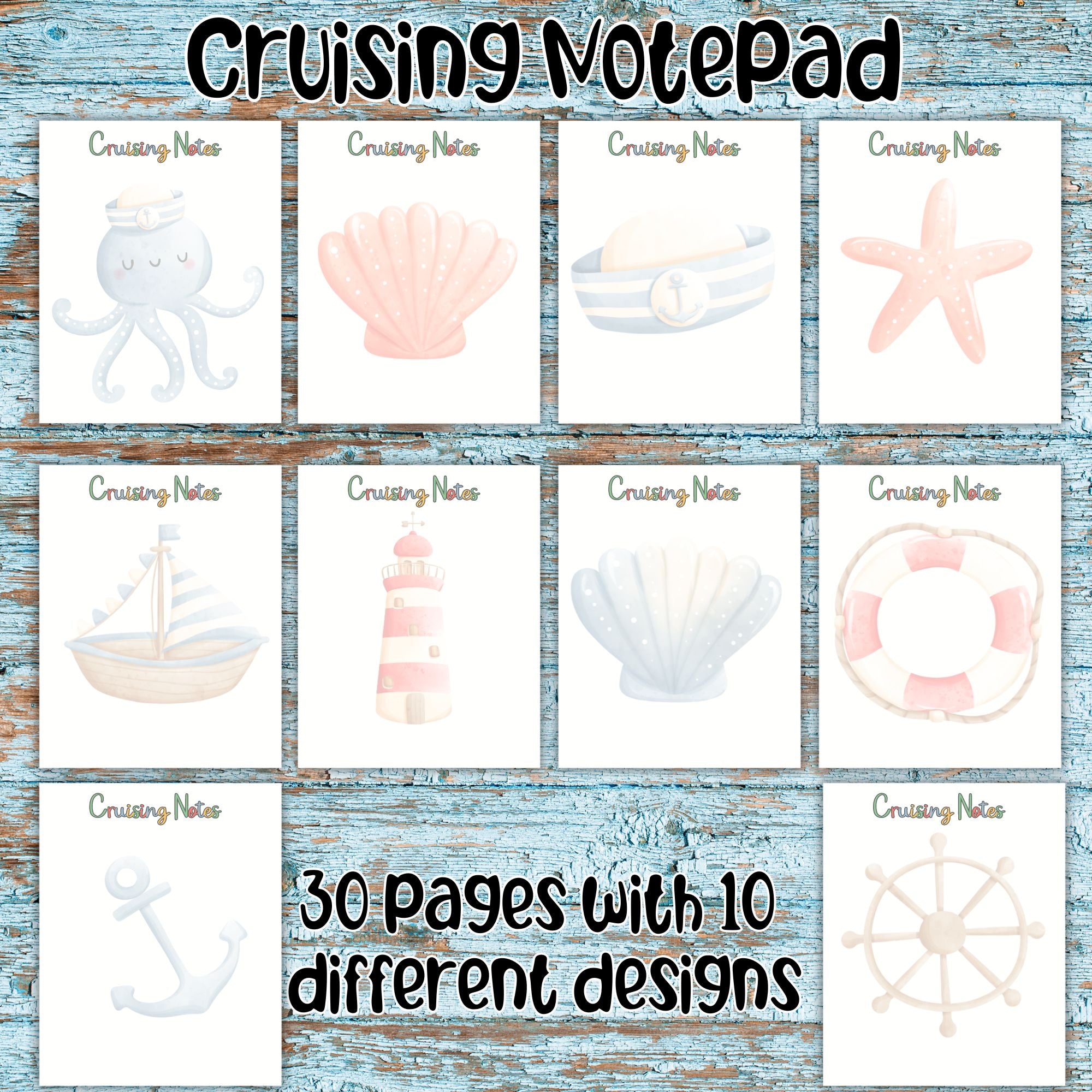 This image shows the 10 different designs in the cruising notepad that is available as part of the Watercolor Cruise Magnet Accessories.