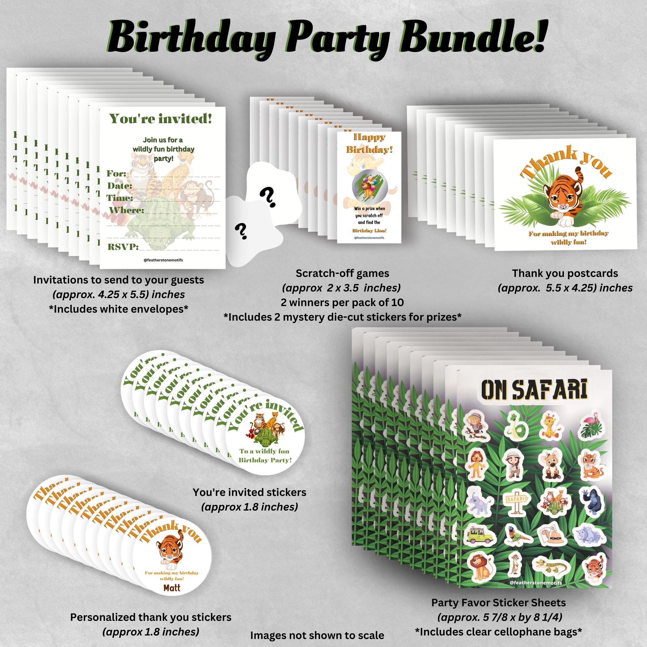 This cover image shows the stickers, scratch-off cards, invitations, postcards, and sticker sheets available in this bundle.