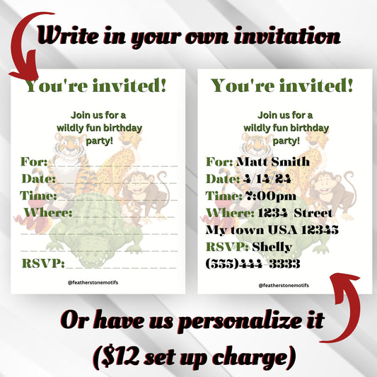 This image shows the invitation with blank lines to fill in yourself, or pre-printed by Featherstone Motifs for an additional set up fee.