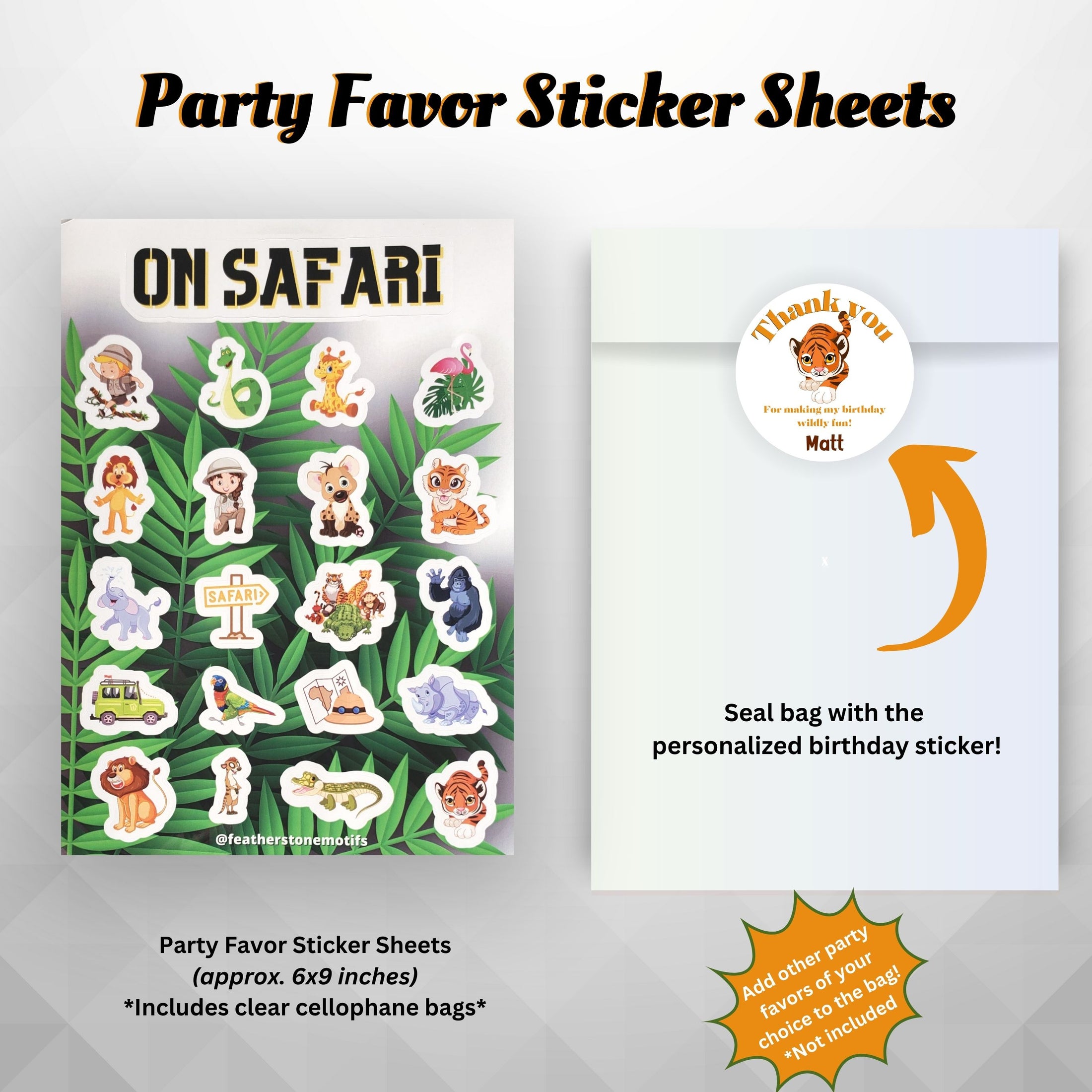 This image shows the on safari sticker sheet included as a party favor, the cellophane bag, and the personalized paper thank you sticker.