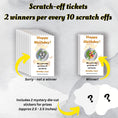 Load image into Gallery viewer, This image shows the scratch-off cards highlighting the winning and non-winning images. Each set of 10 scratch-off cards includes 2 mystery die-cut stickers as prizes.
