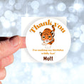 Load image into Gallery viewer, This image shows a hand holding the personalized wild animal themed thank you sticker.
