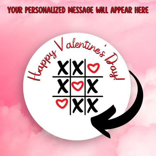 This image shows the valentine sticker with an arrow showing where your personalized message will be printed.