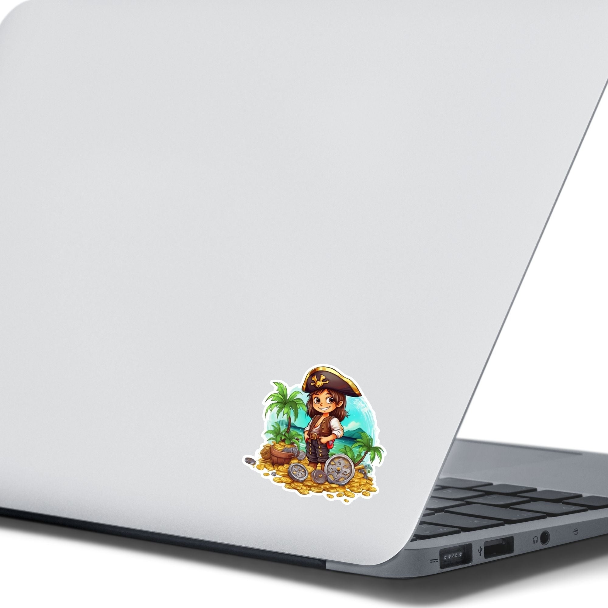 This image shows the Pirate Boy Die-Cut Sticker on the back of an open laptop.