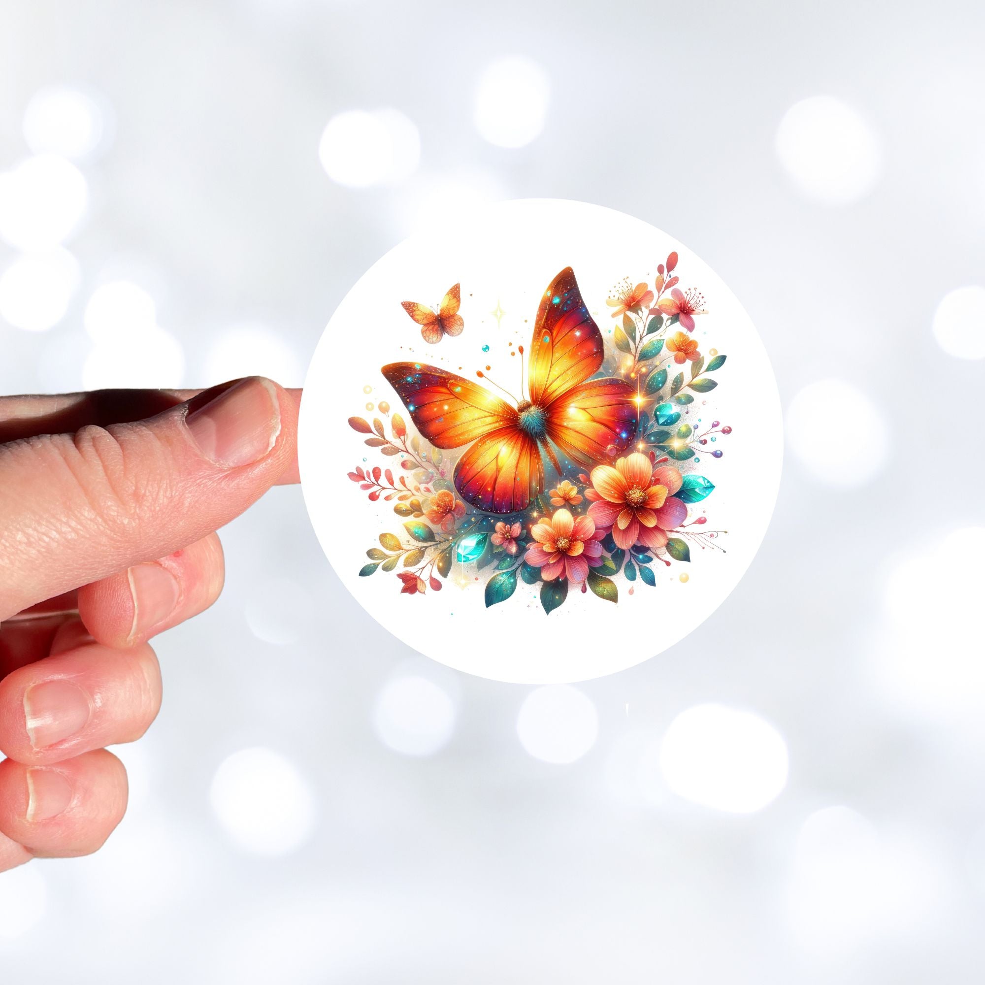 This image shows a hand holding the Orange Butterfly with Stars Die-Cut Sticker.
