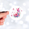 Load image into Gallery viewer, This image shows a hand holding the Pink Butterfly Die-Cut Sticker.
