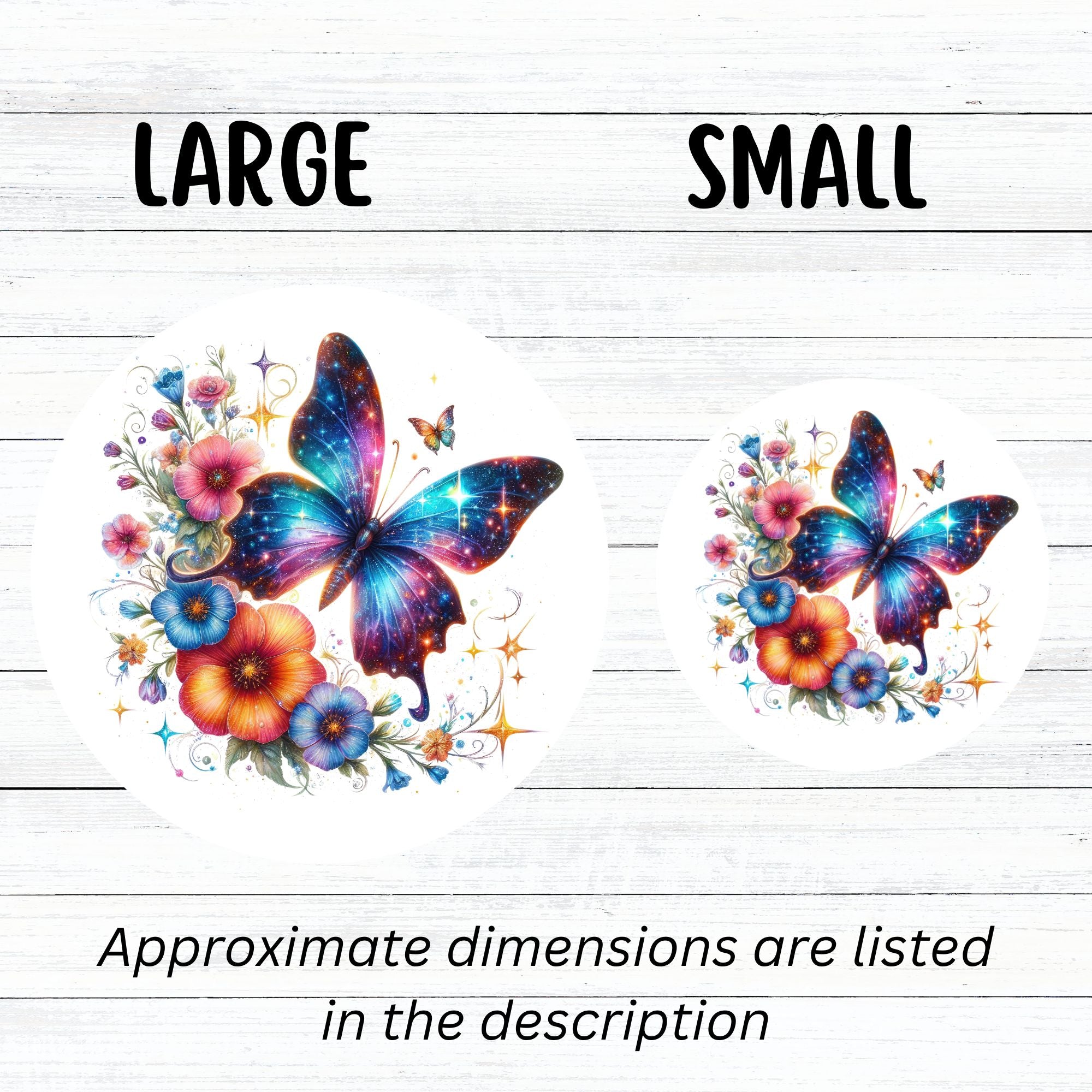 This image shows large and small Blue Butterfly with Stars die cut stickers next to each other.