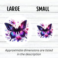 Load image into Gallery viewer, This image shows small and large Purple Butterfly with Stars die cut stickers next to each other.
