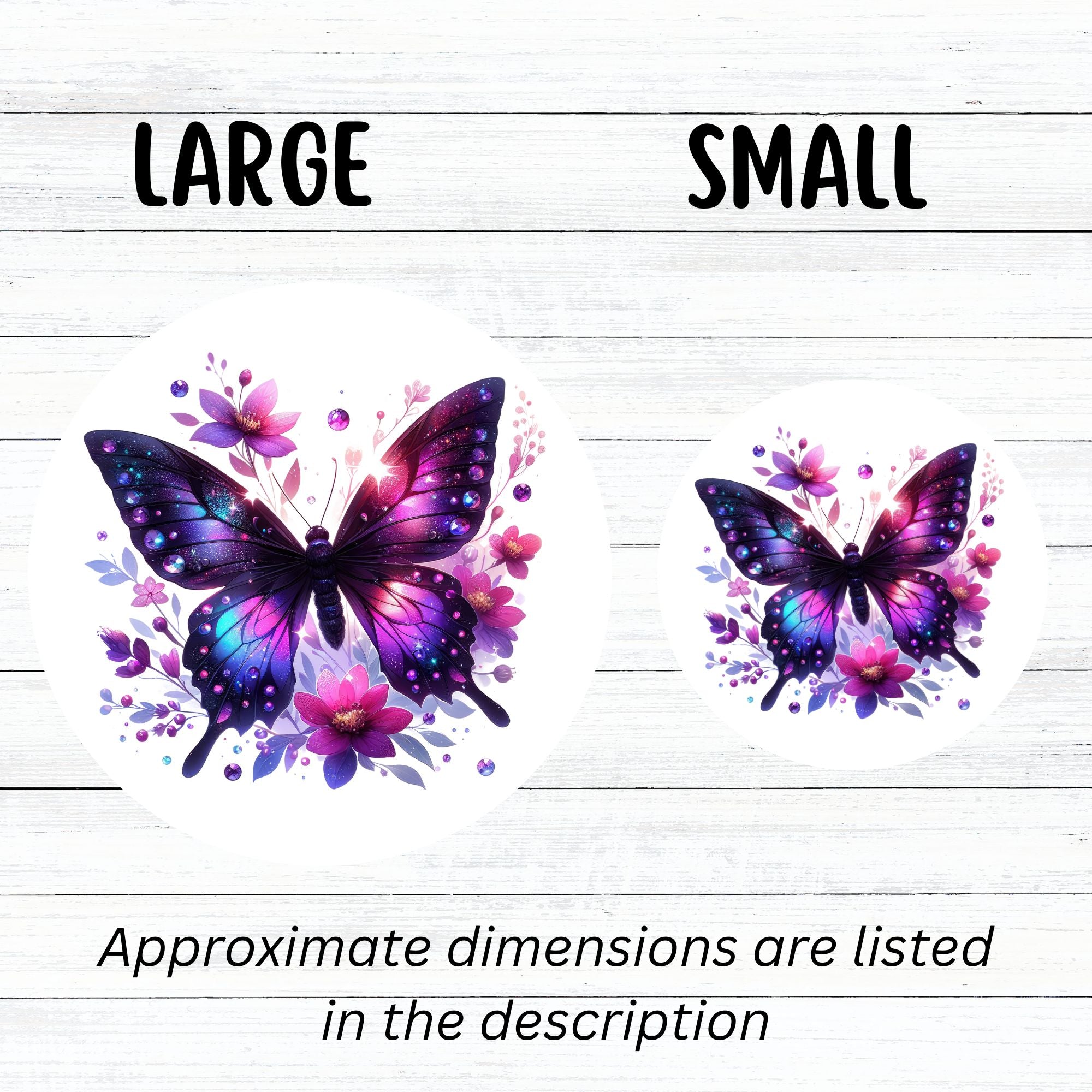 This image shows small and large Purple Butterfly with Stars die cut stickers next to each other.