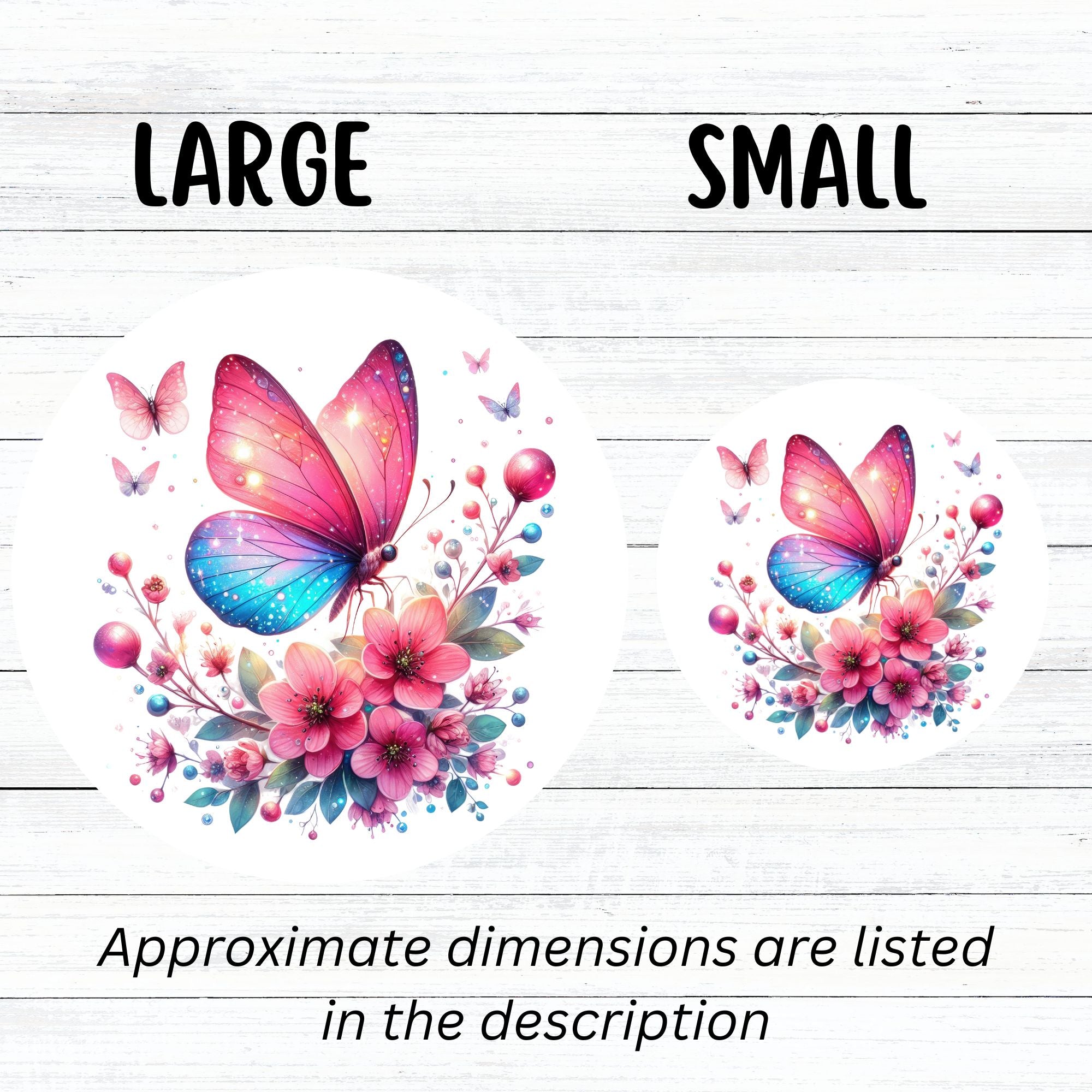 This image shows large and small Pink and Blue Butterfly Die-Cut Stickers next to each other.