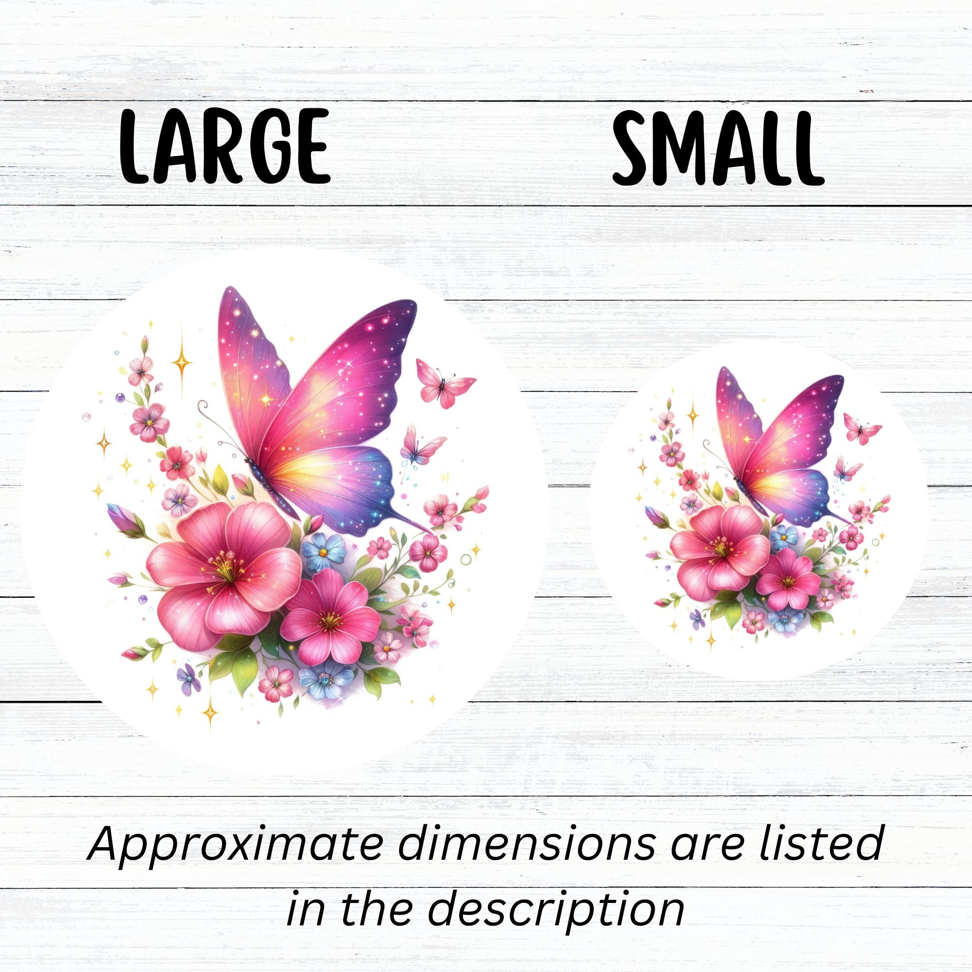 This image shows large and small Pink Butterfly with Stars Die-Cut Stickers next to each other.