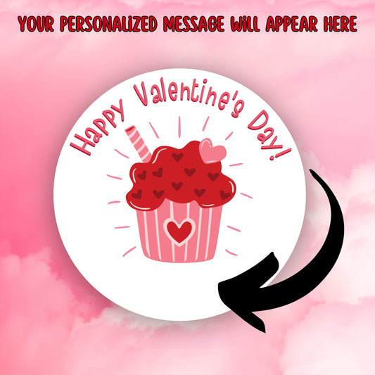 This image shows the valentine sticker with an arrow showing where your personalized message will be printed.