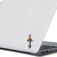 Load image into Gallery viewer, This image shows the Pirate Dagger Die-Cut Sticker on the back of an open laptop.
