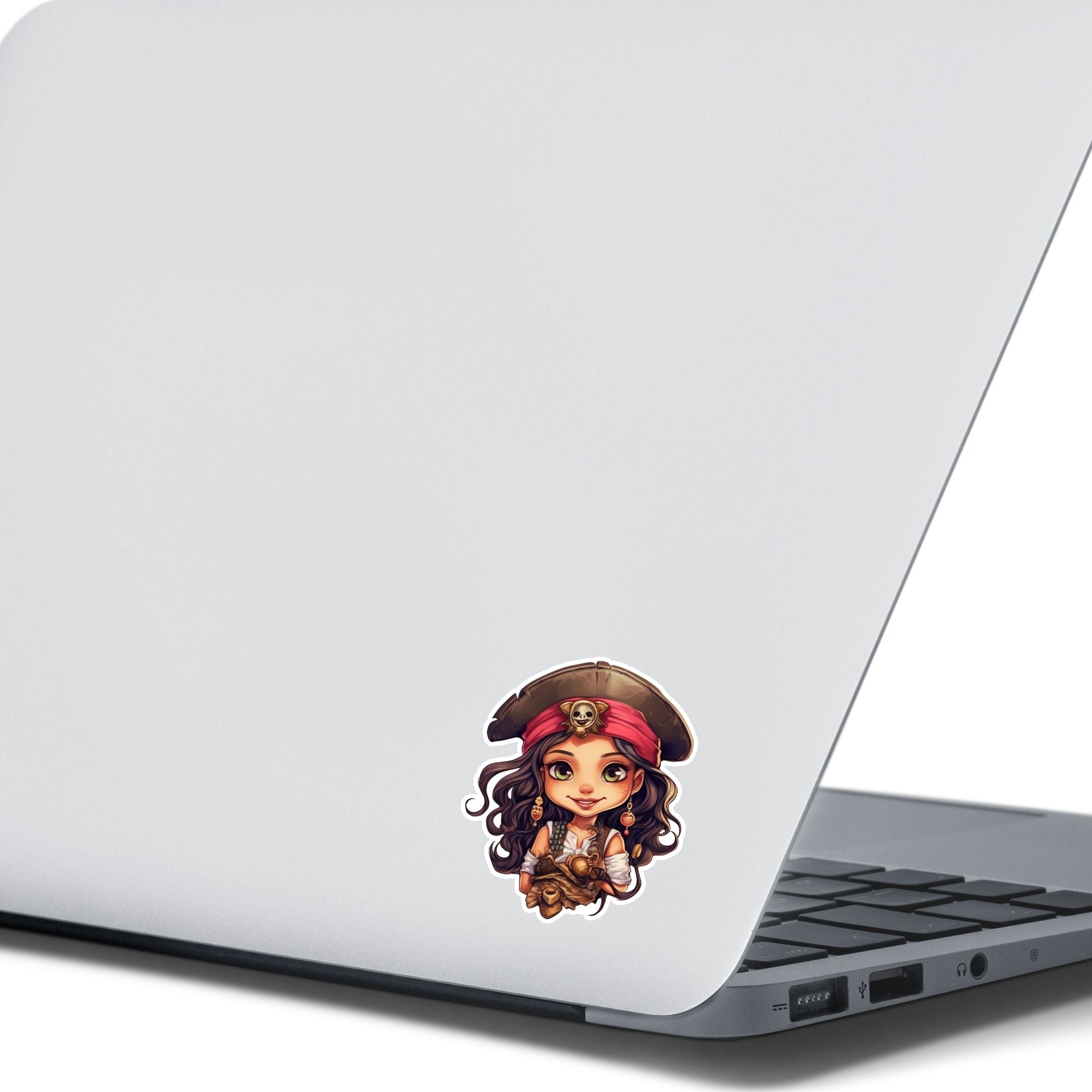 This image shows the Pirate Girl Die-Cut Sticker on the back of an open laptop.