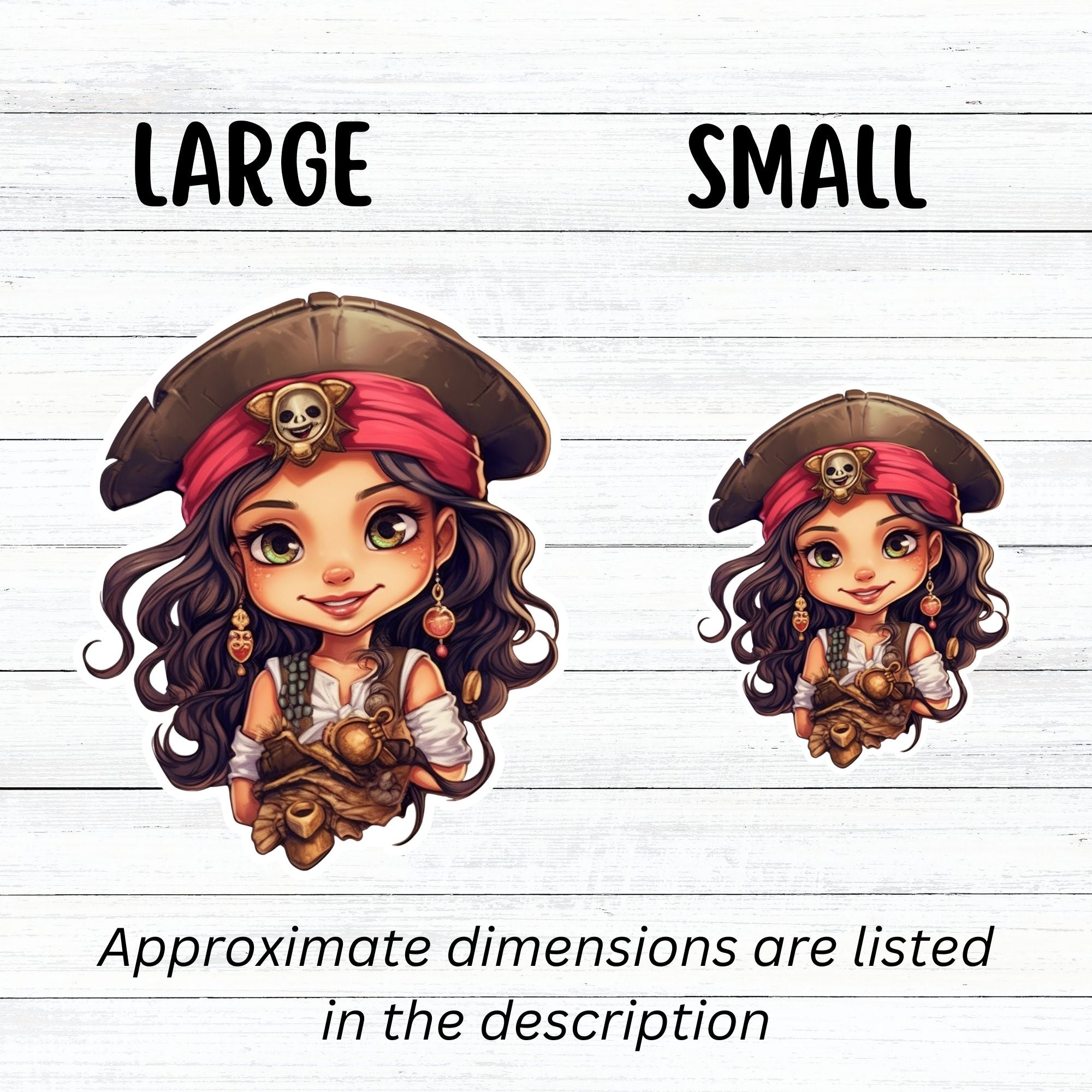 This image shows large and small Pirate Girl Die-Cut Stickers next to each other.