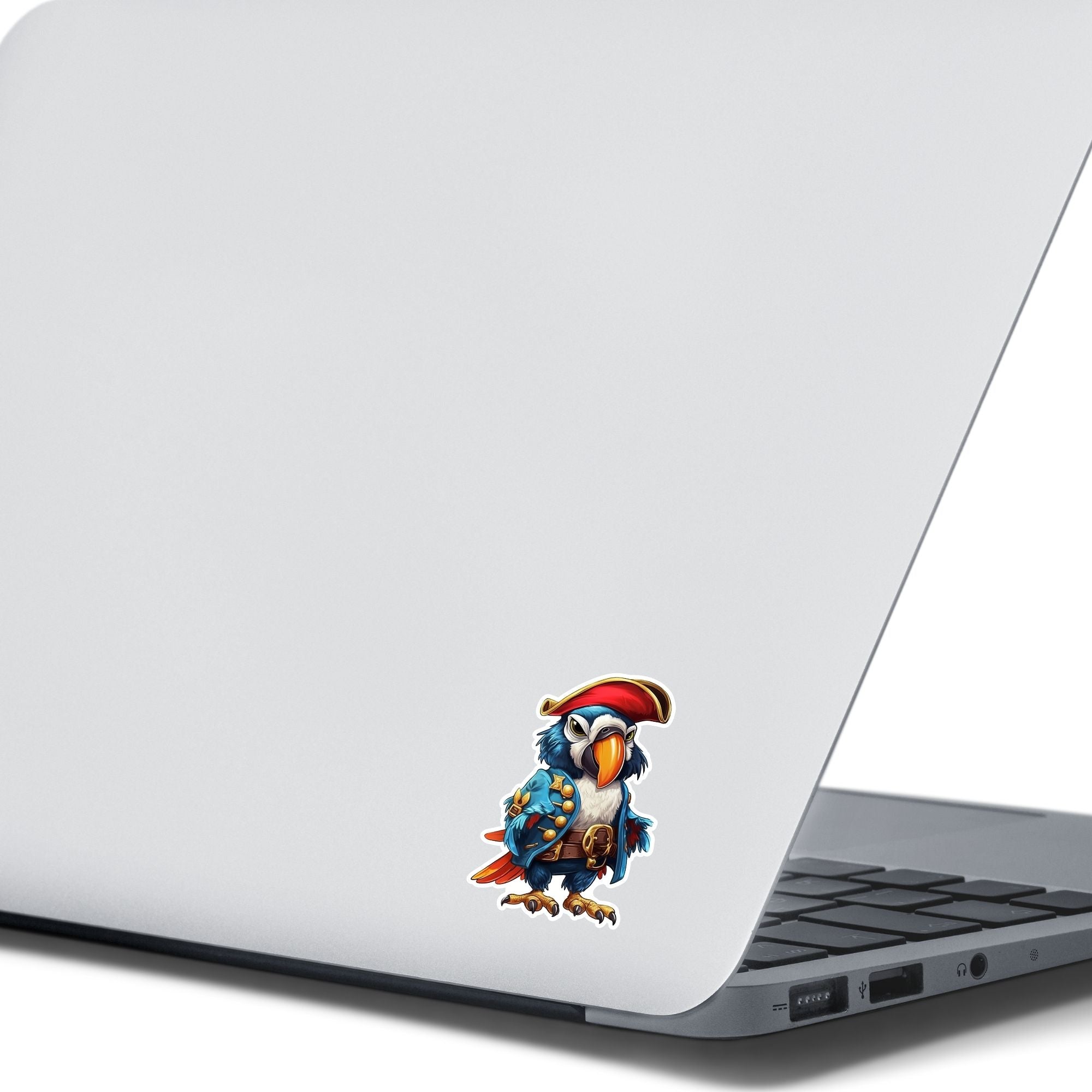 This image shows the Pirate Parrot Die-Cut Sticker on the back of an open laptop.