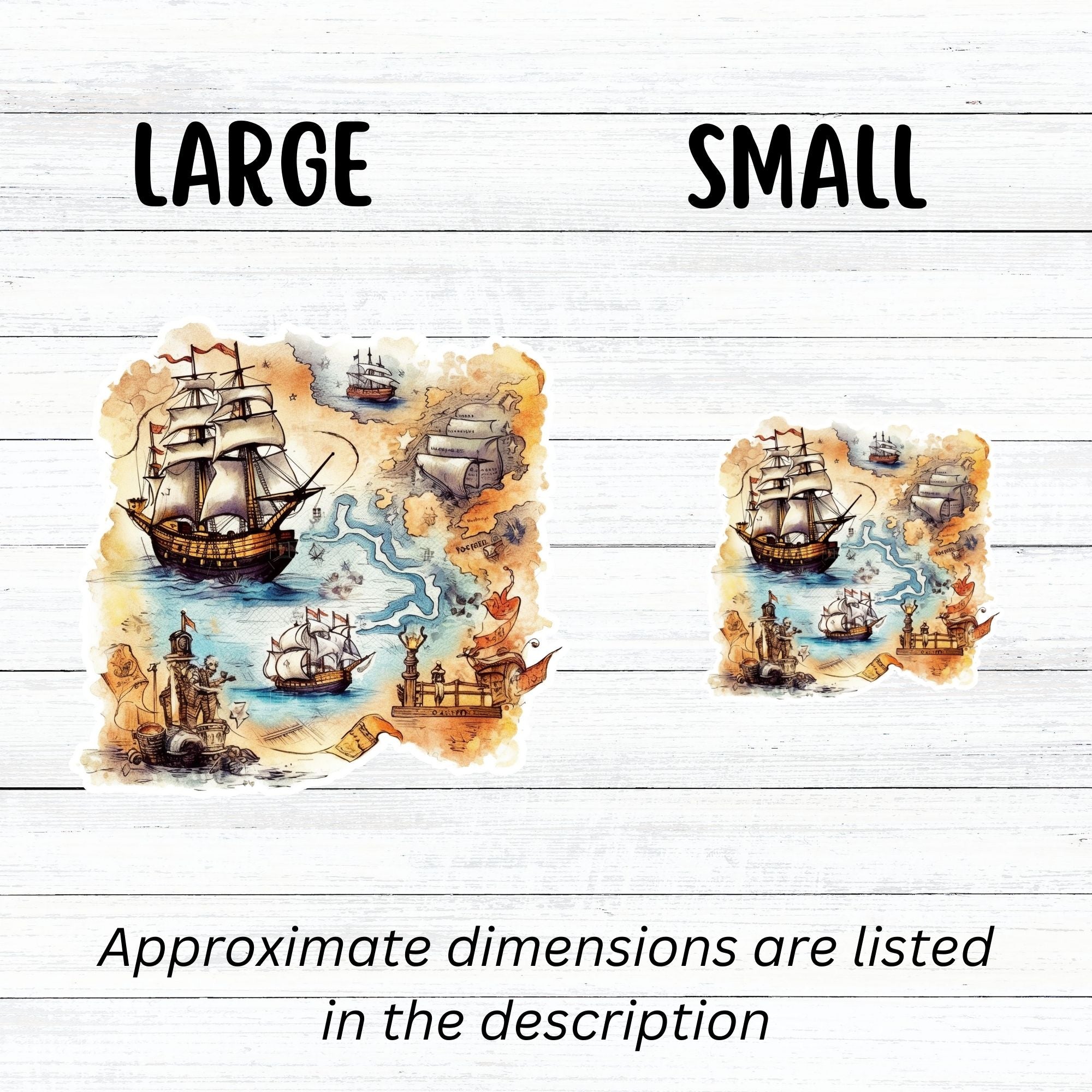 This image shows large and small Pirate Ship Map Die-Cut Stickers next to each other.