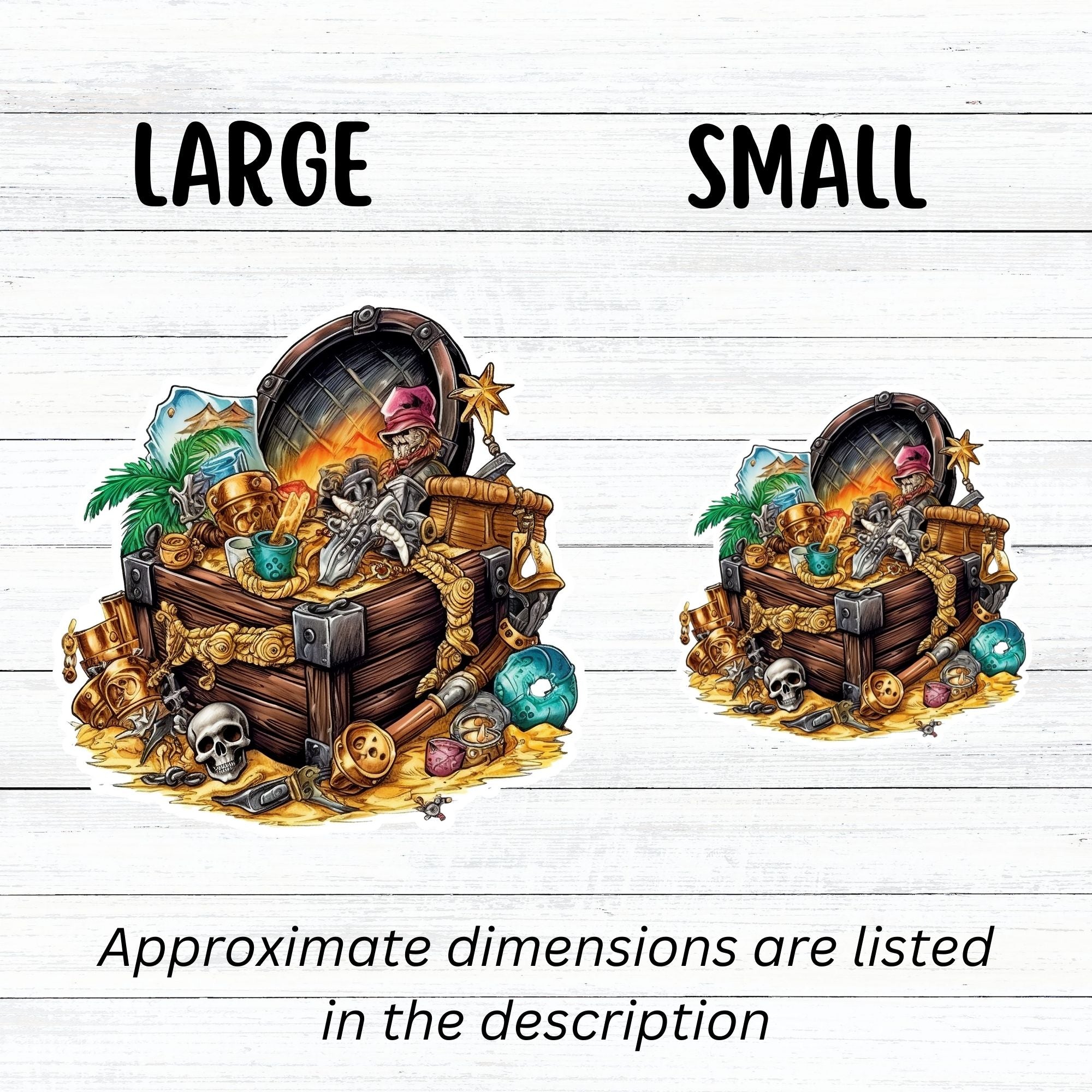 This image shows large and small Pirate Treasure 2 Die-Cut Stickers next to each other.