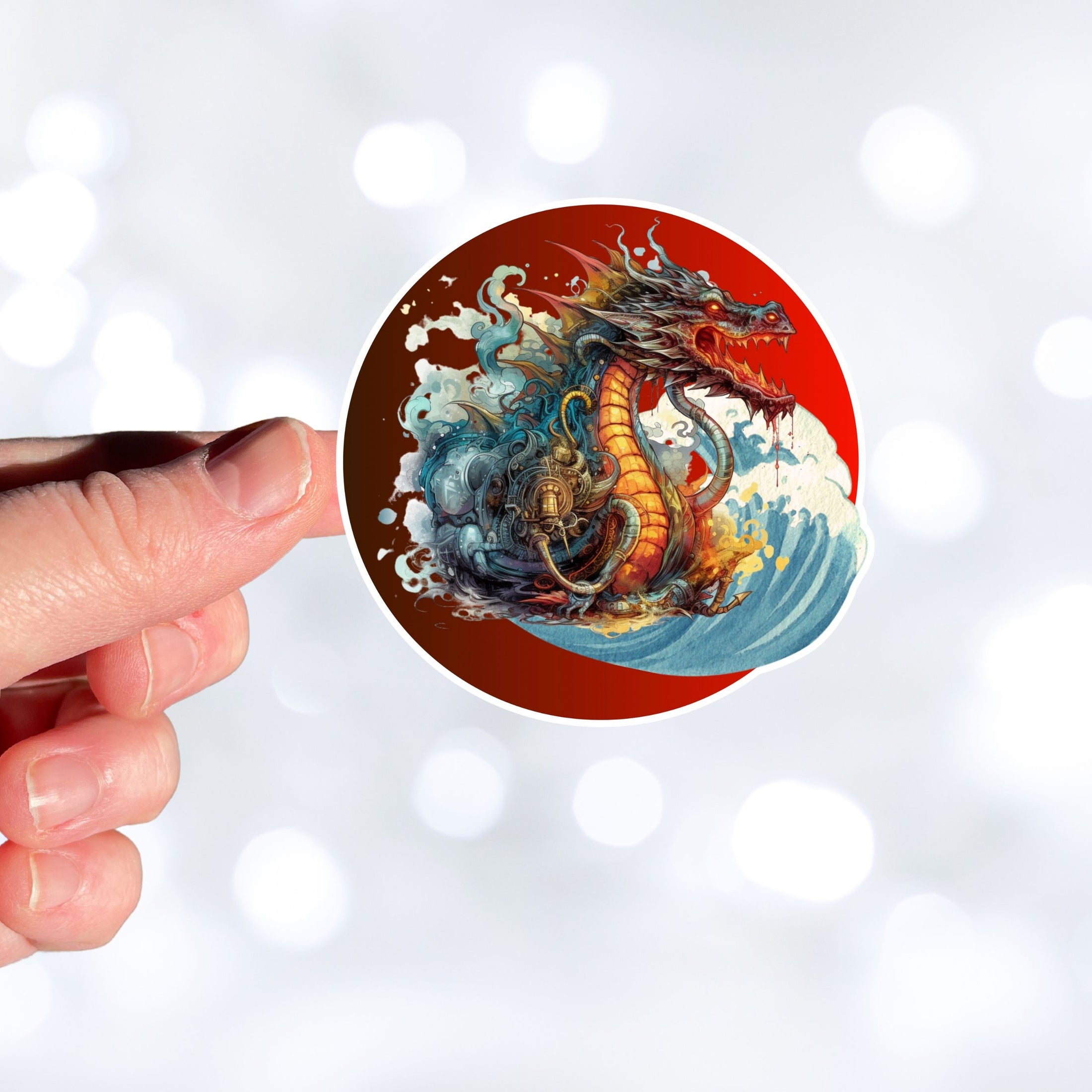 This image shows a hand holding the steampunk Japanese dragon sticker.