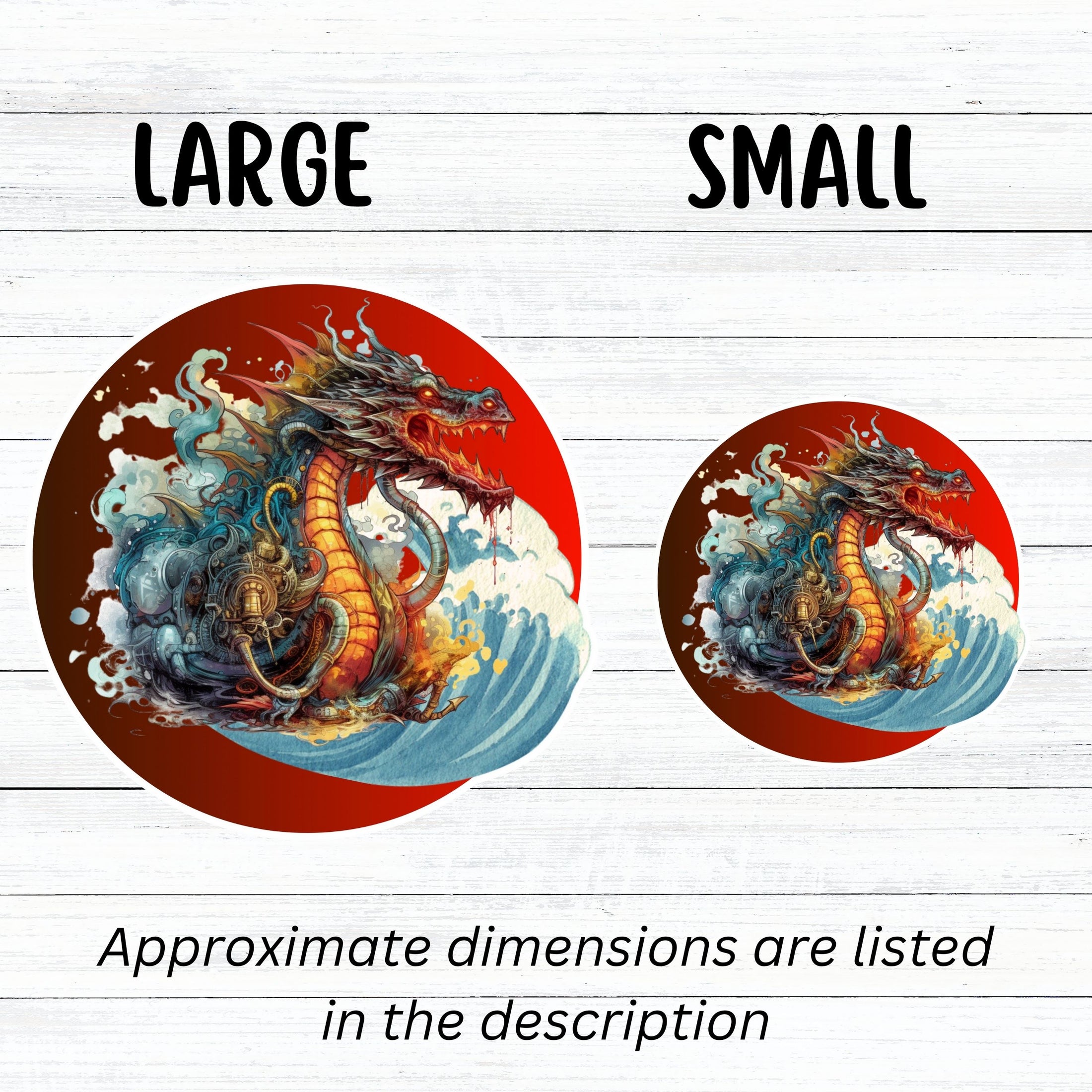 This image shows large and small steampunk Japanese dragon stickers next to each other.