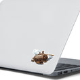 Load image into Gallery viewer, This image shows the Steampunk Airship 1 Die-Cut Sticker on the back of an open laptop.
