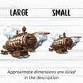 Load image into Gallery viewer, This image shows the large and small Steampunk Airship 1 Die-Cut Sticker side by side.
