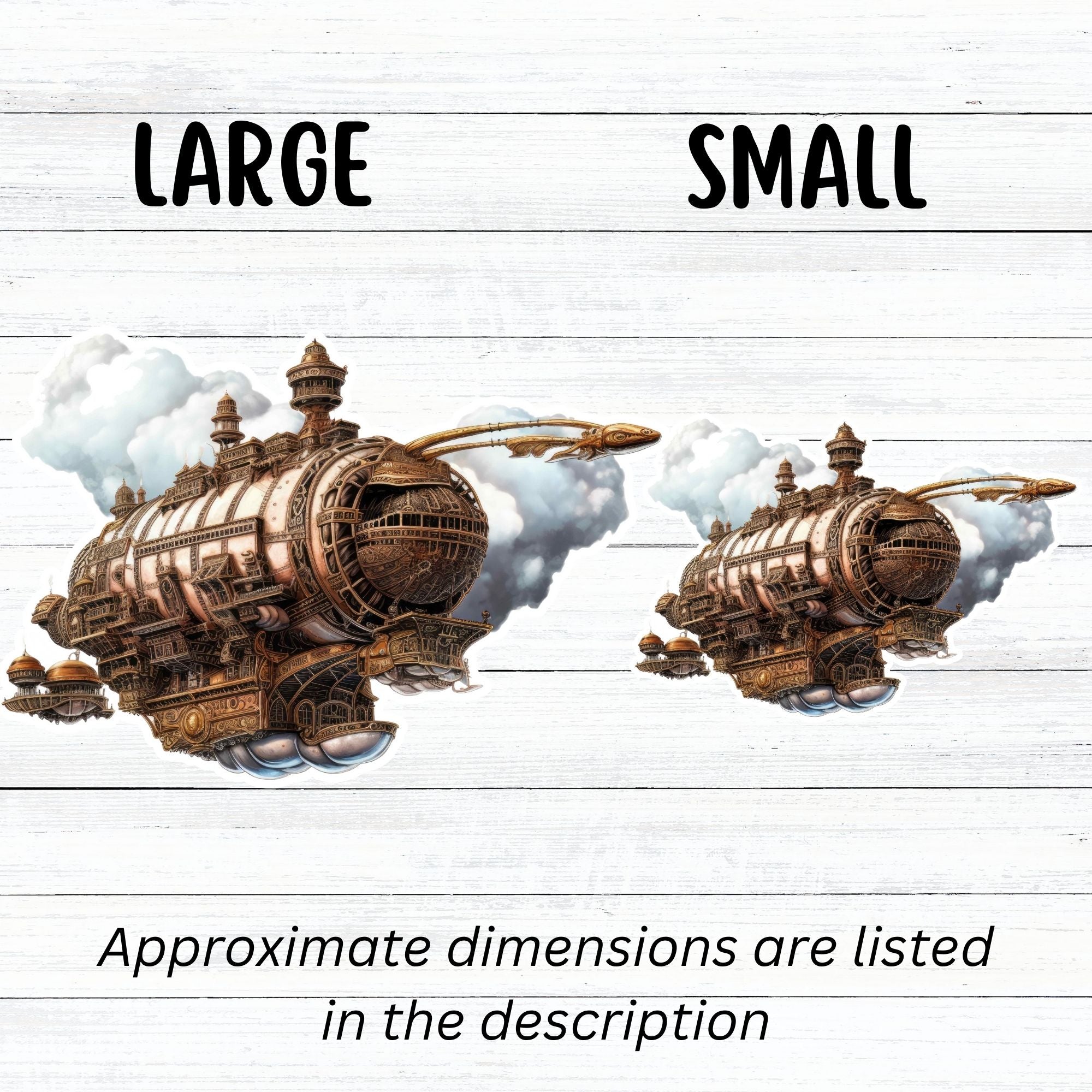 This image shows the large and small Steampunk Airship 1 Die-Cut Sticker side by side.