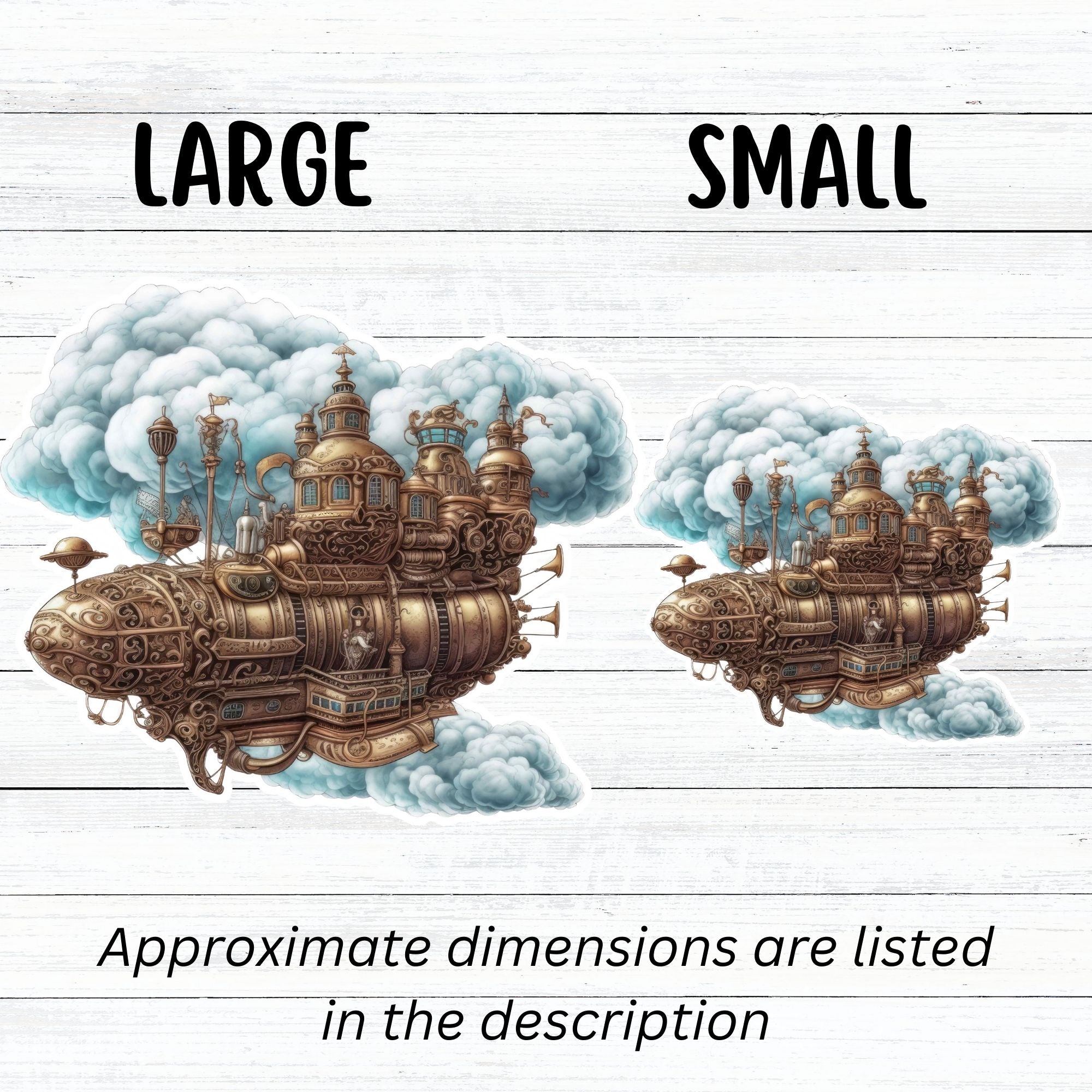 This image shows large and small Steampunk Airship 2 Die-Cut Stickers side by side.